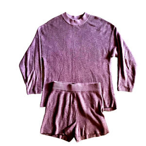 FP Beach Womens Rib Knit Short & Shirt 2 Piece Set Long Sleeve Size XS Pink